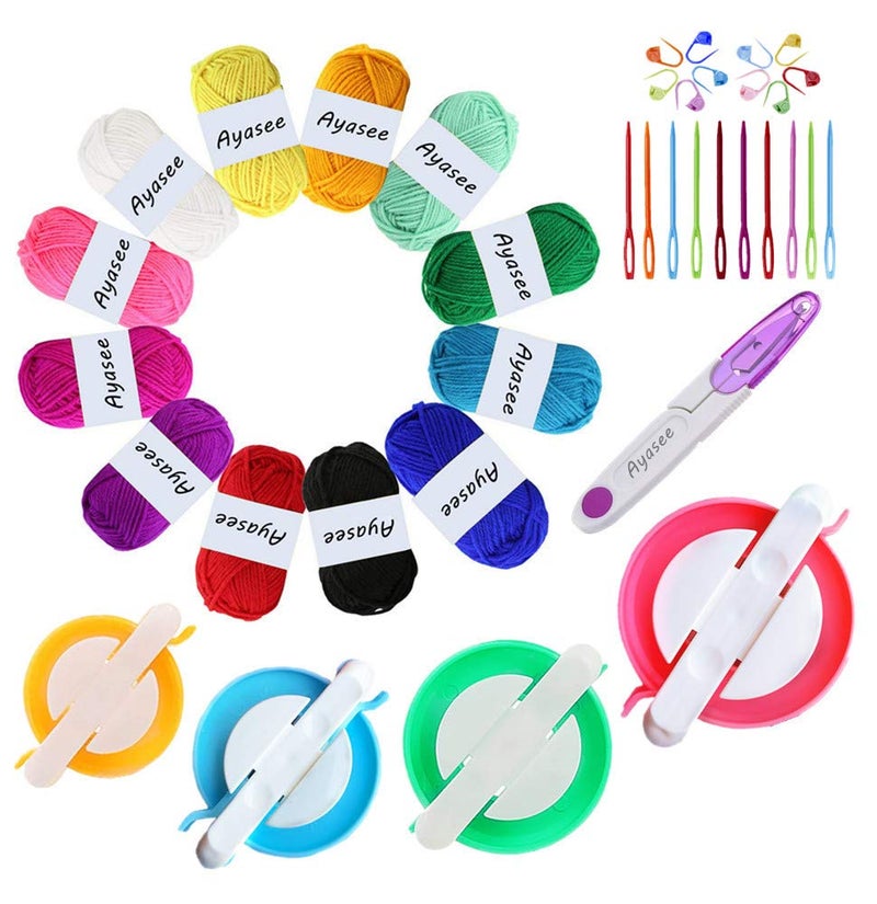 Ayasee Pom pom Maker Yarn kit, 4PS Pompom Maker+12PS Acrylic Yarn+10PS Knitting Stitch Markers+10PS Plastic Needles+1PS Scissors(37c) - Image 1